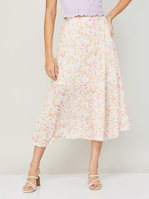 ginger by lifestyle beige printed a-line skirt