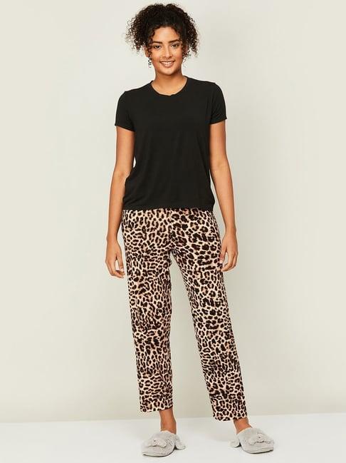 ginger by lifestyle black & beige cotton animal print top and pyjama set