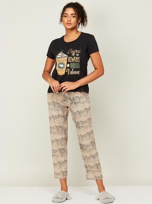 ginger by lifestyle black & beige cotton printed top and pyjama set