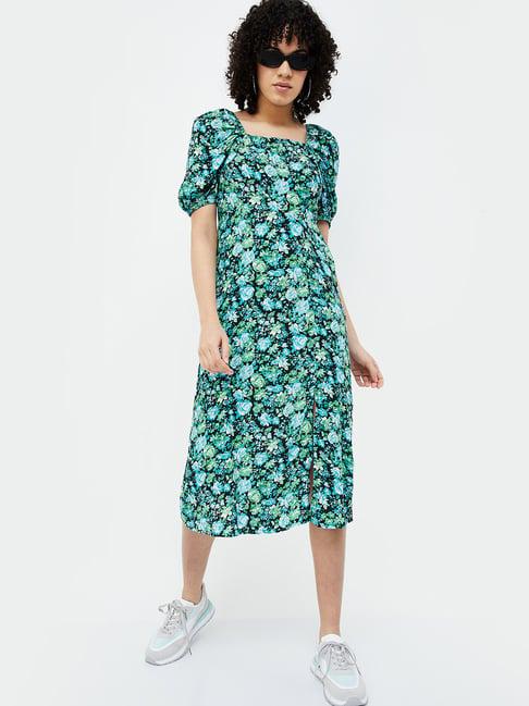 ginger by lifestyle black & green floral print midi dress