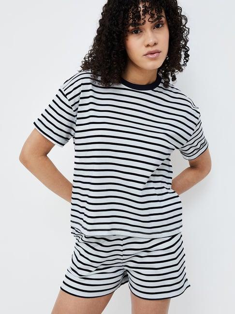 ginger by lifestyle black & white cotton striped t-shirt