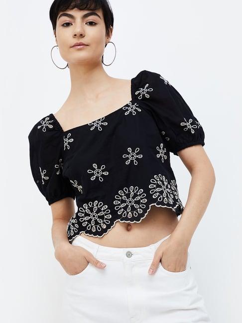 ginger by lifestyle black cotton embroidered crop top