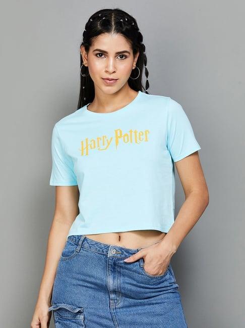 ginger by lifestyle blue cotton printed crop top