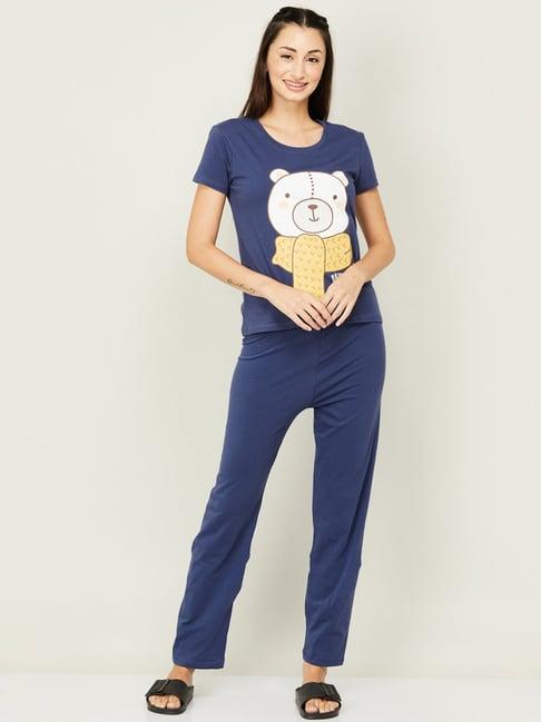 ginger by lifestyle blue cotton printed top pyjama set
