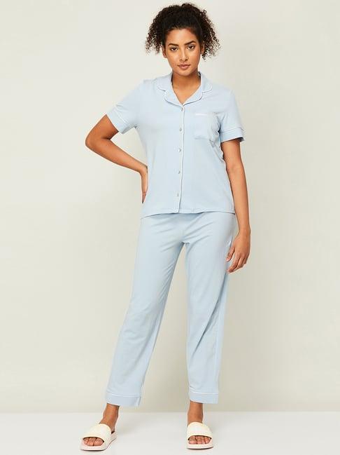 ginger by lifestyle blue cotton shirt and pyjama set
