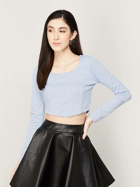 ginger by lifestyle blue houndstooth print crop top