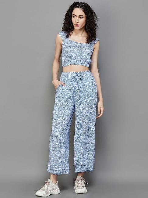 ginger by lifestyle blue printed crop top pant set