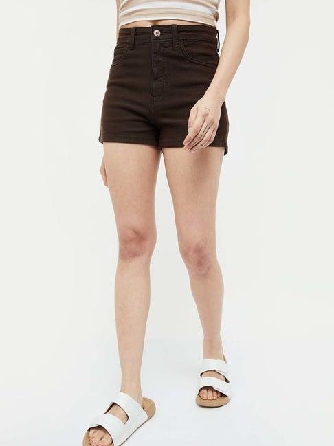 ginger by lifestyle brown cotton mid rise shorts