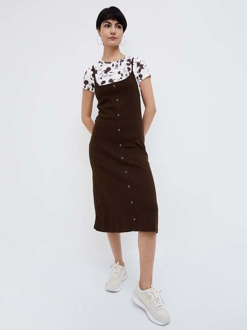 ginger by lifestyle brown cotton printed a-line dress