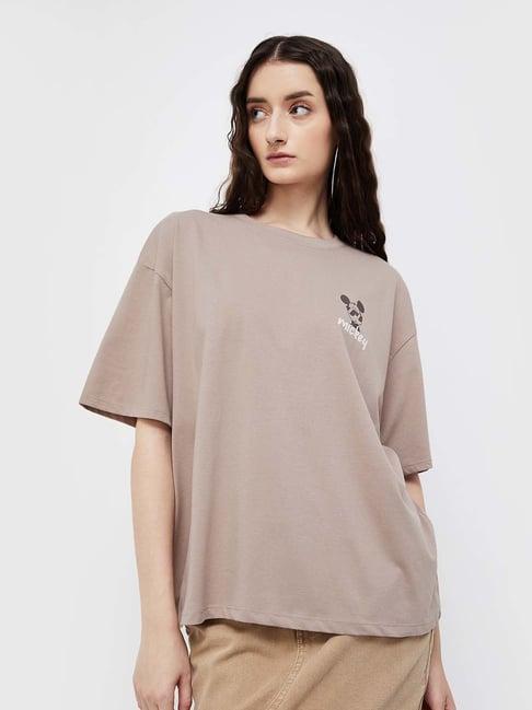 ginger by lifestyle brown cotton printed t-shirt