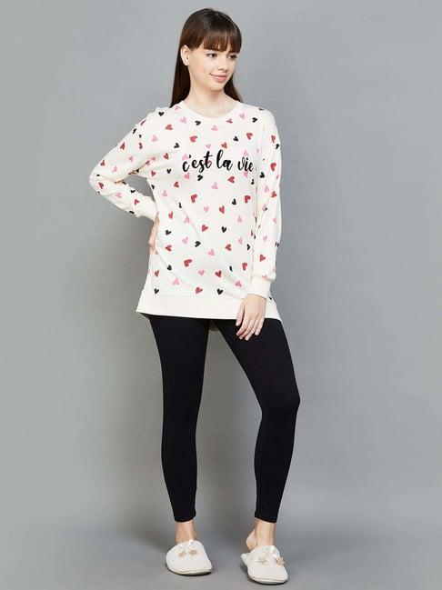 ginger by lifestyle cream & black printed sweatshirt pyjama set