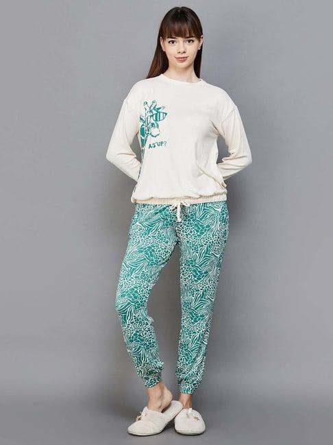 ginger by lifestyle cream & green printed sweatshirt pyjama set