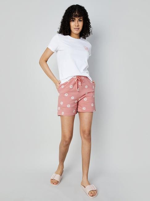 ginger by lifestyle dusty pink & white cotton floral print t-shirt with shorts