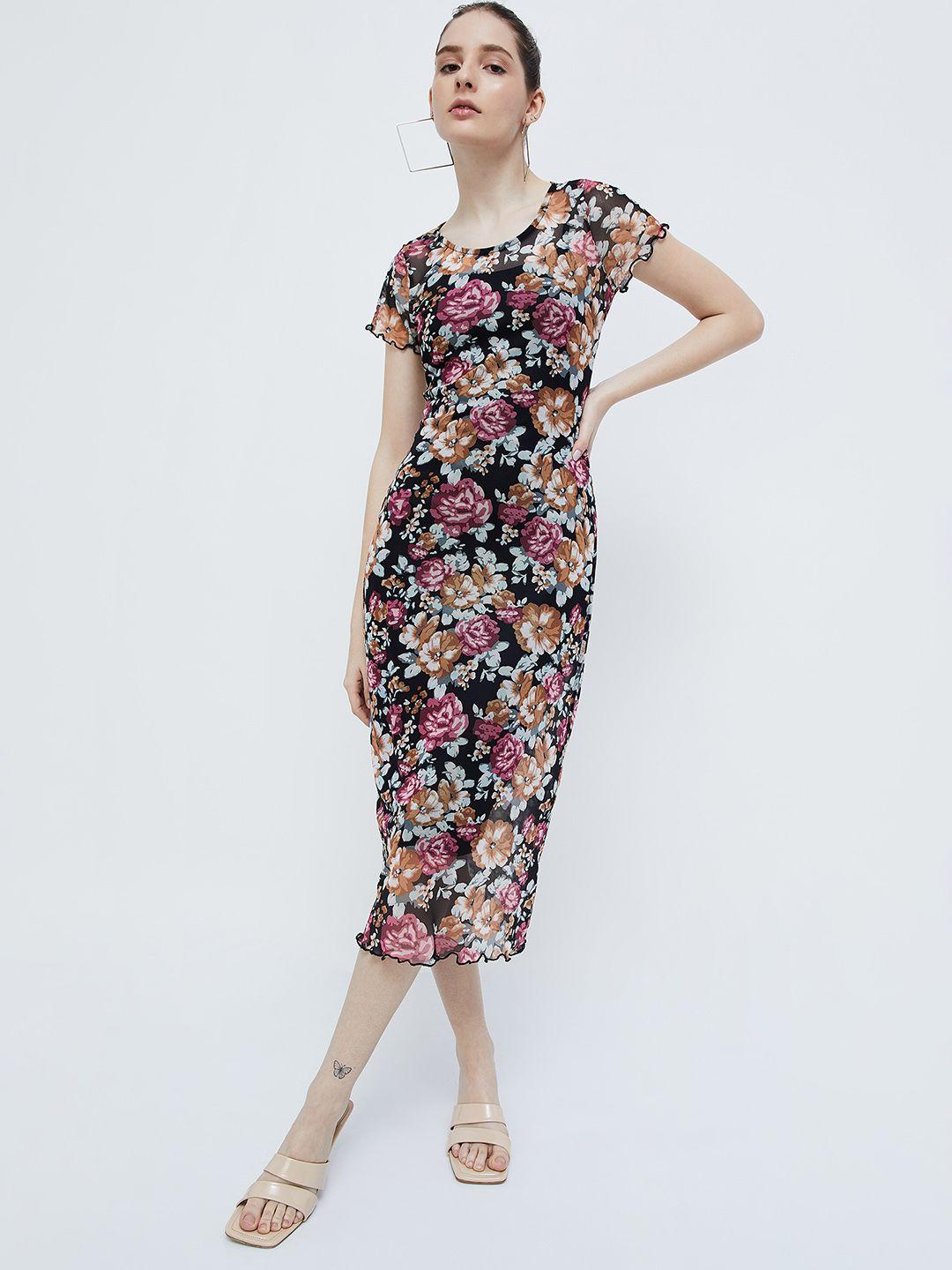 ginger by lifestyle floral printed round neck sheath midi dress