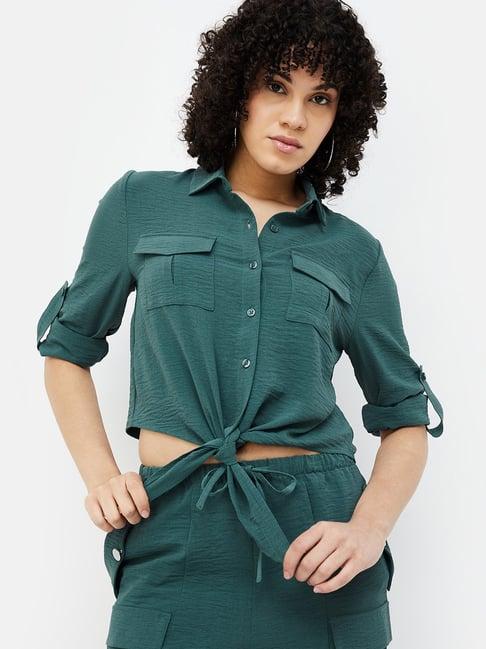 ginger by lifestyle green regular fit crop shirt
