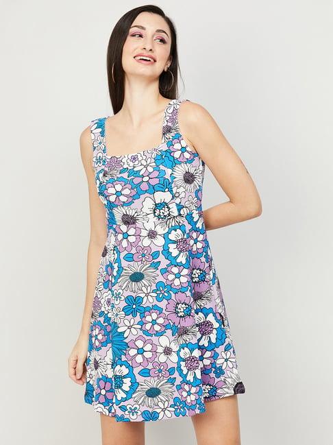 ginger by lifestyle lilac & blue floral print a line dress