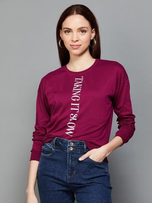 ginger by lifestyle maroon cotton printed sweatshirt