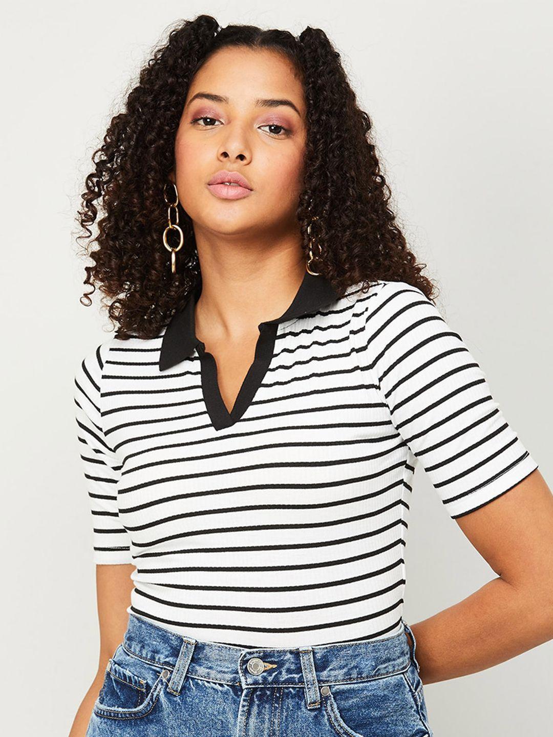 ginger by lifestyle monochrome horizontal striped shirt collar fitted top