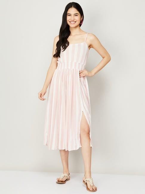 ginger by lifestyle off-white & pink striped a-line dress