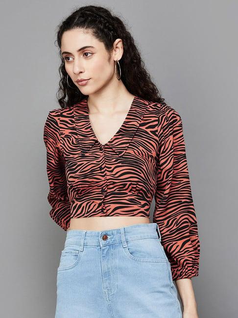 ginger by lifestyle orange & black printed crop top