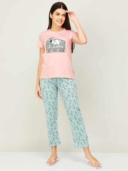 ginger by lifestyle pink & green cotton printed top pyjama set