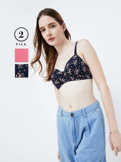 ginger by lifestyle pink & navy cotton printed bras - pack of 2