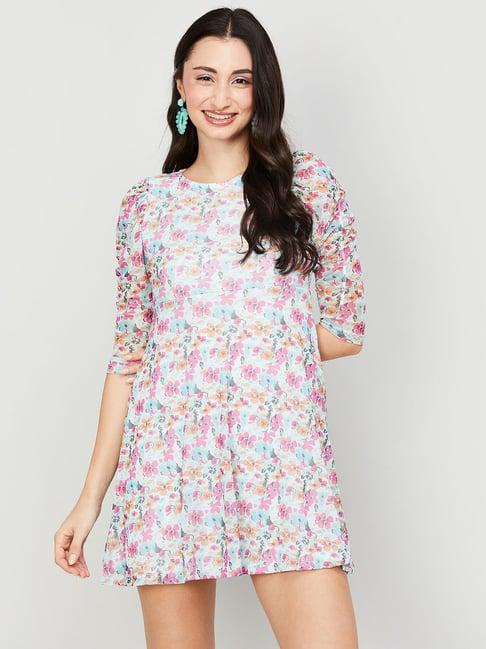 ginger by lifestyle pink & sky blue floral print a line dress