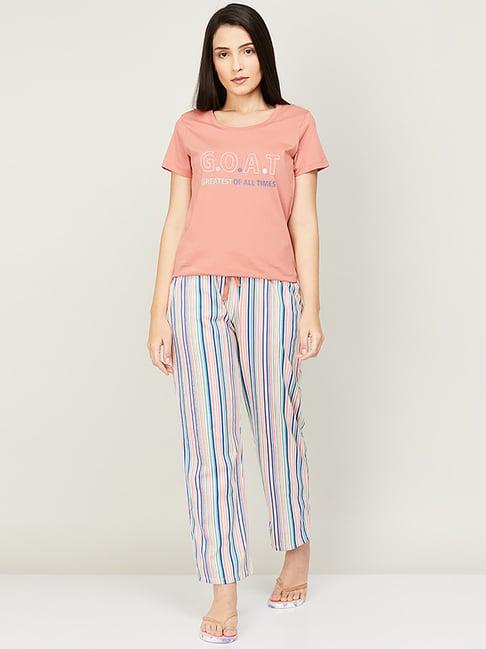 ginger by lifestyle pink & white cotton printed t-shirt pyjama set