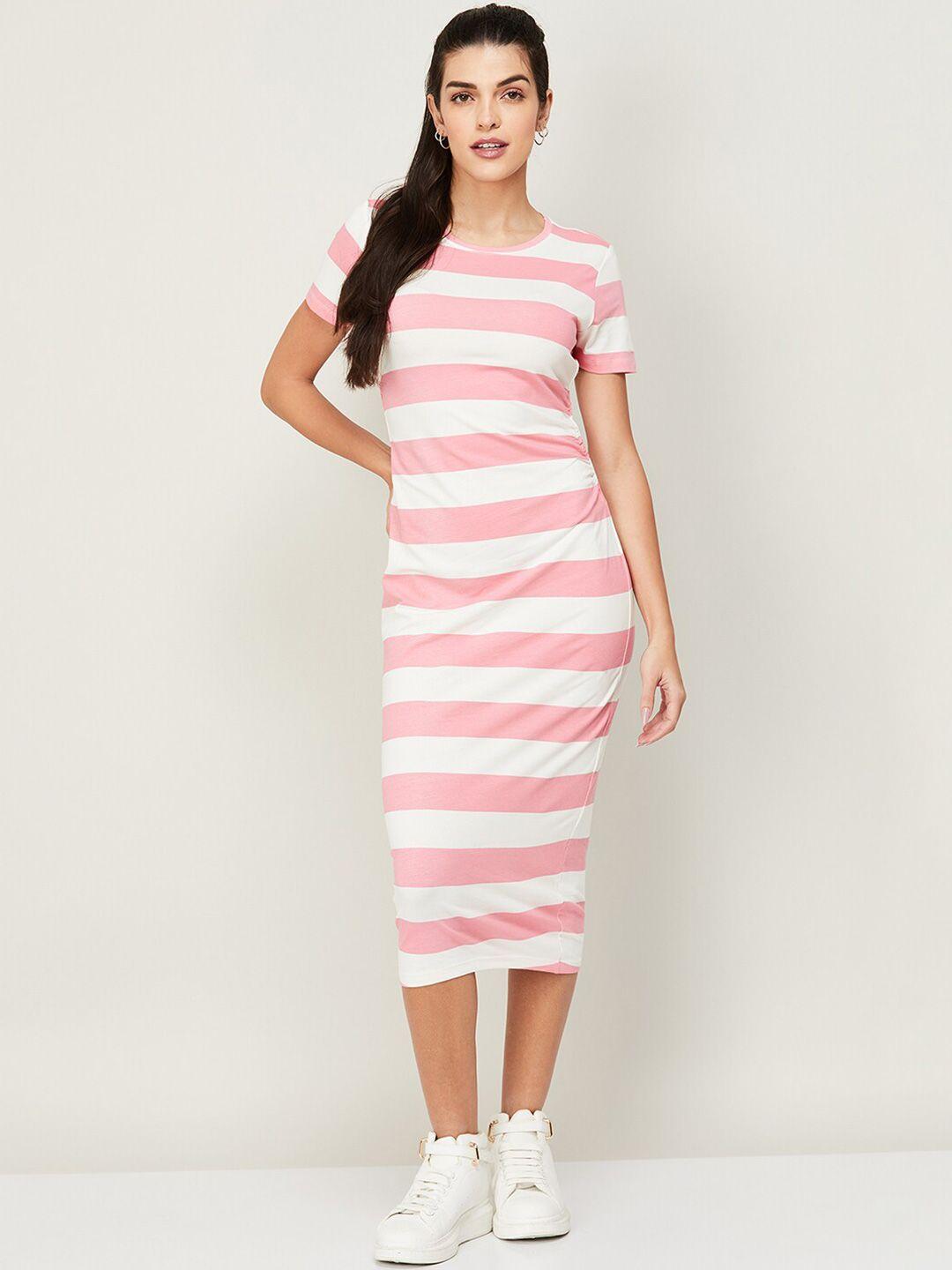 ginger by lifestyle pink striped t-shirt cotton midi dress