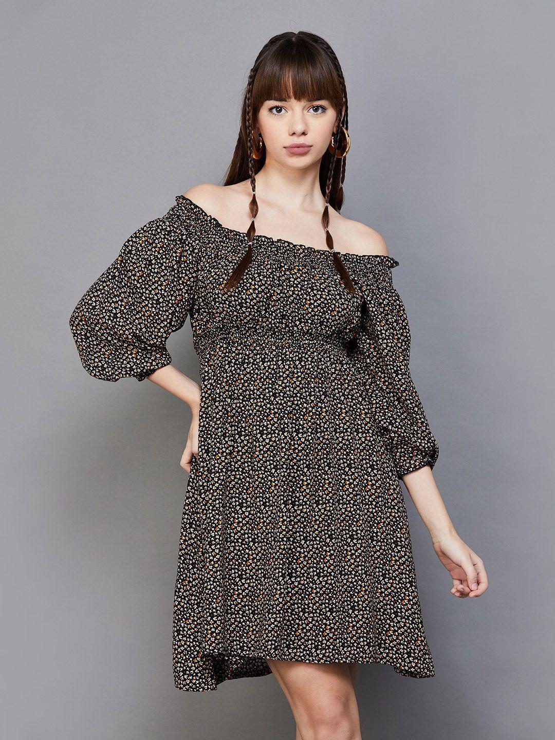 ginger by lifestyle printed off-shoulder puff sleeve smocked fit & flare above knee dress