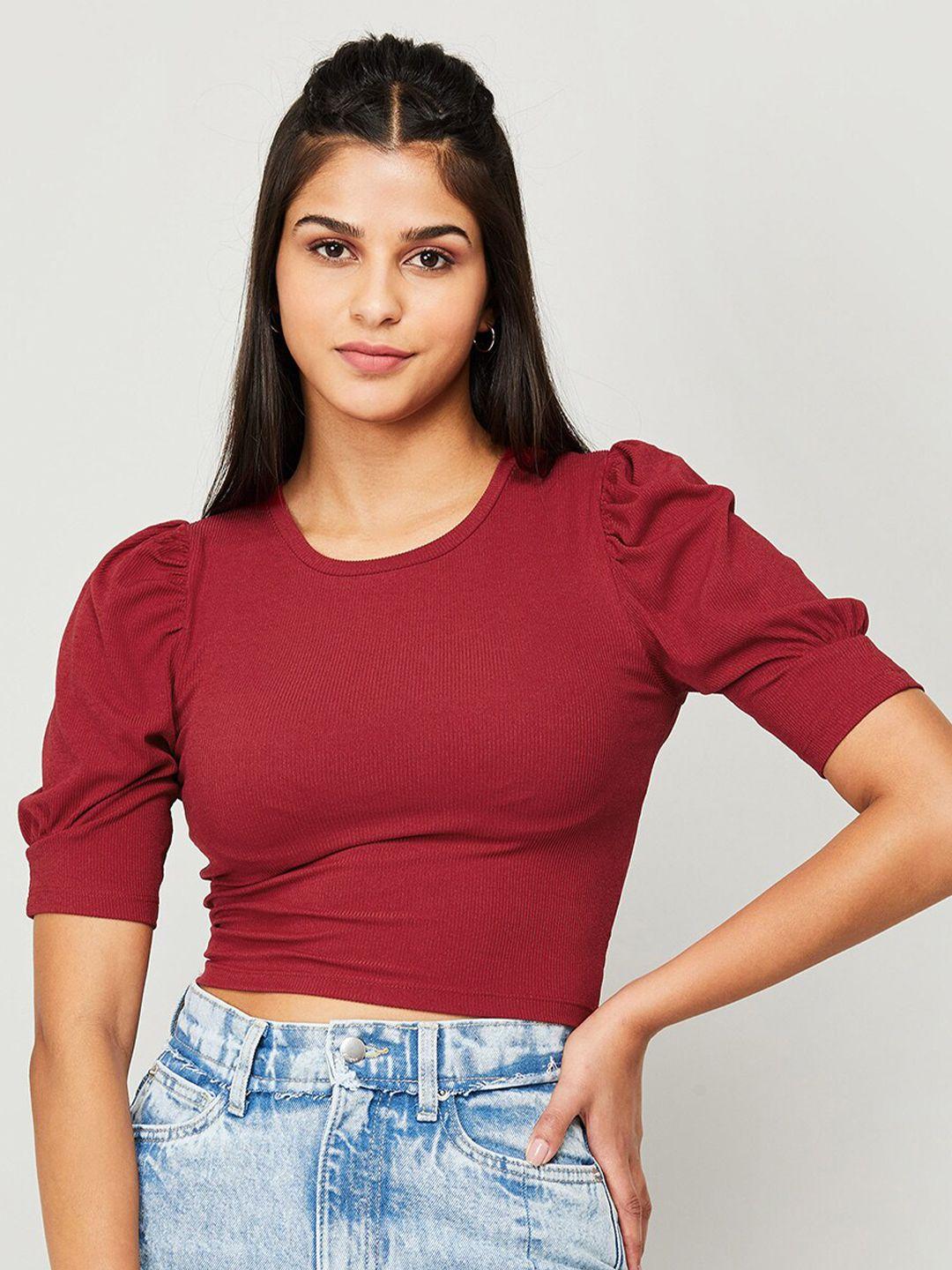 ginger by lifestyle puff sleeves round neck fitted crop top