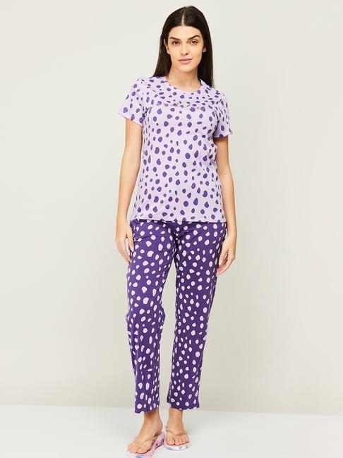 ginger by lifestyle purple cotton printed top pyjama set