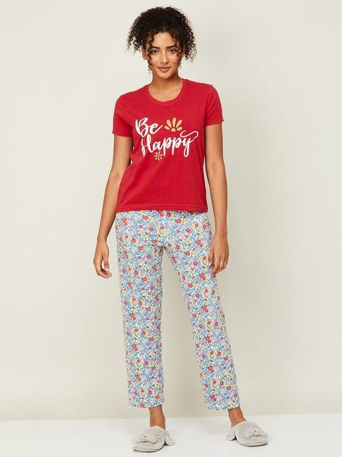 ginger by lifestyle red & blue cotton printed top and pyjama set
