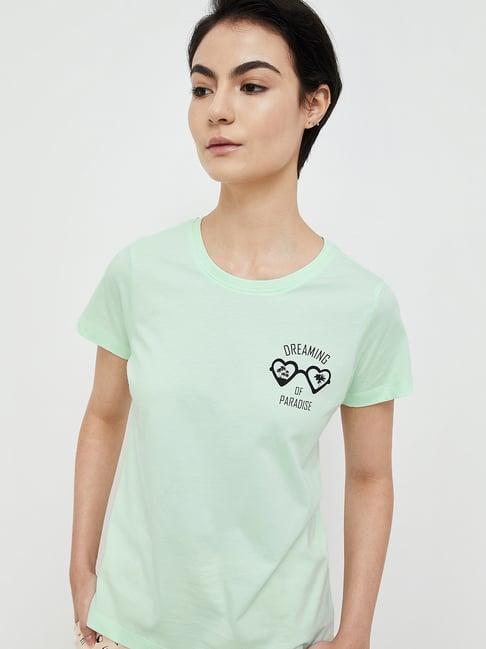 ginger by lifestyle sea green cotton printed t-shirt