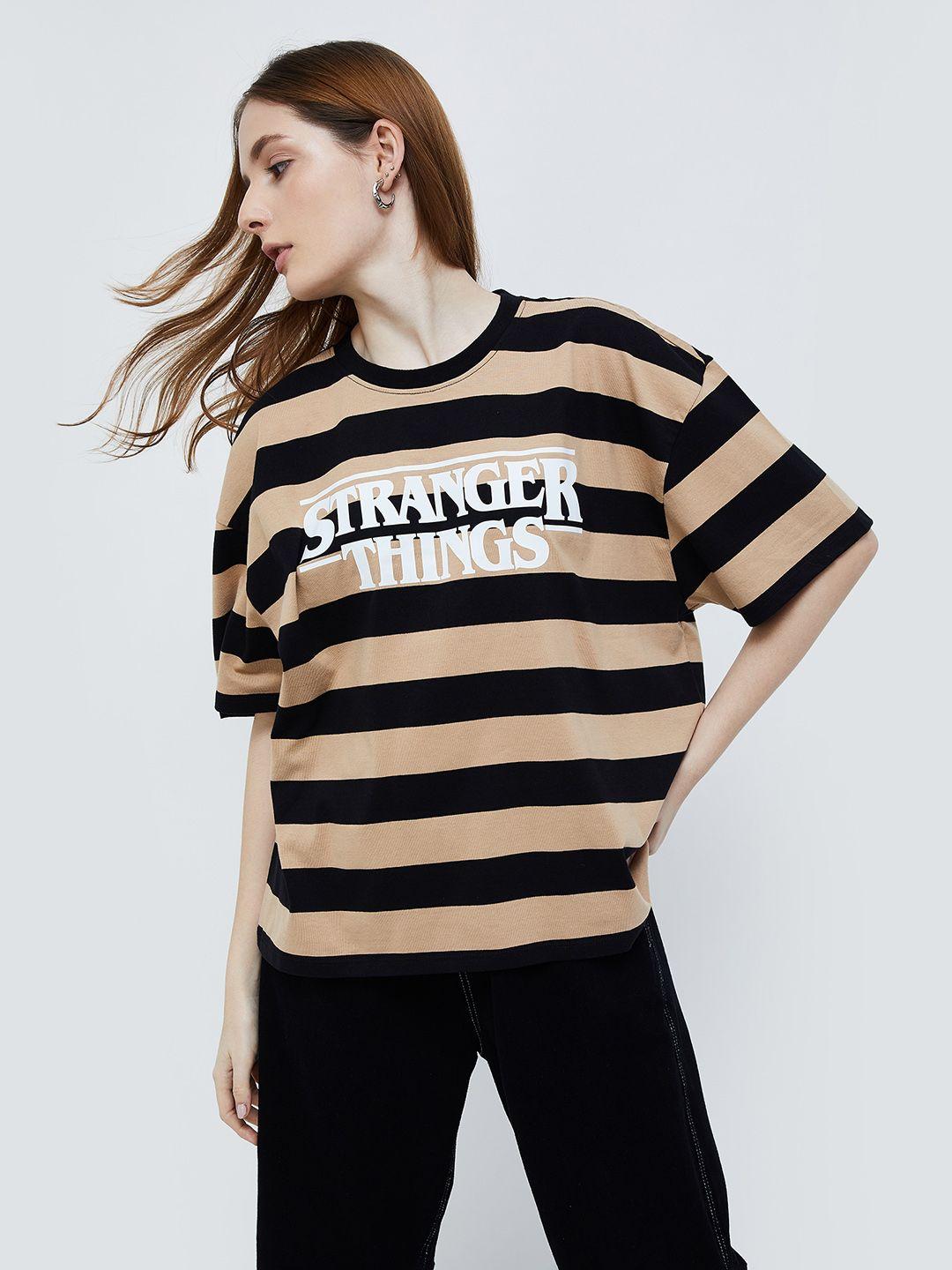 ginger by lifestyle striped cotton oversized drop-shoulder sleeves t-shirt