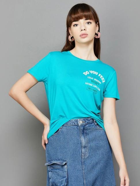 ginger by lifestyle teal blue printed t-shirt