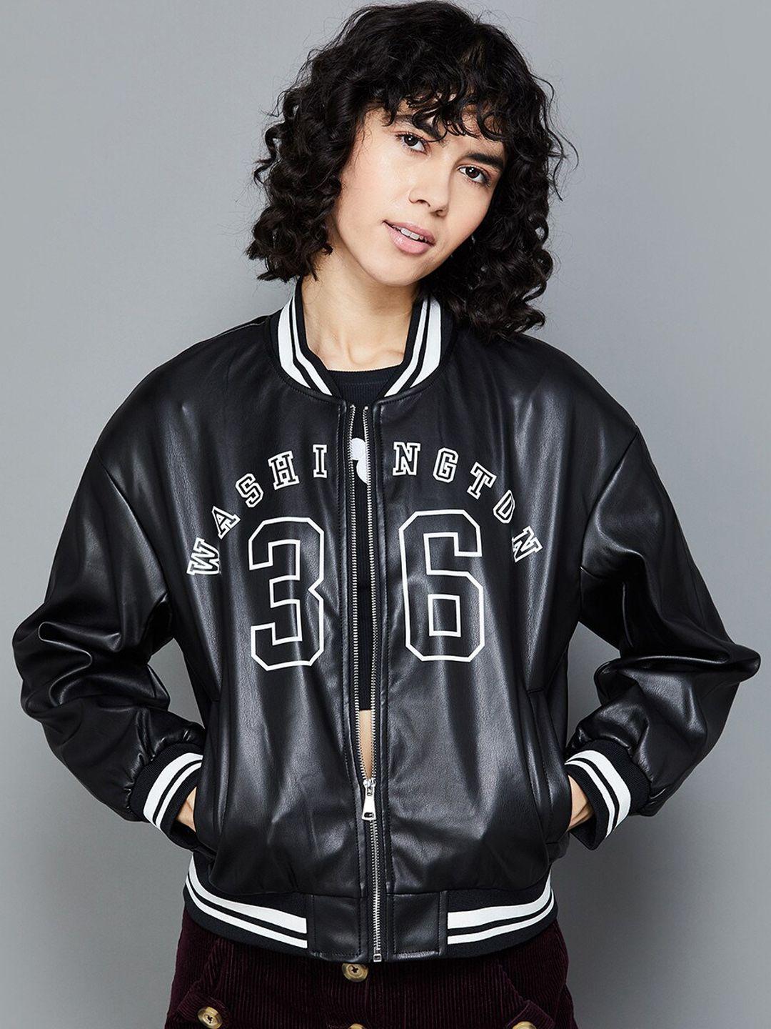 ginger by lifestyle typography printed mock collar varsity jacket