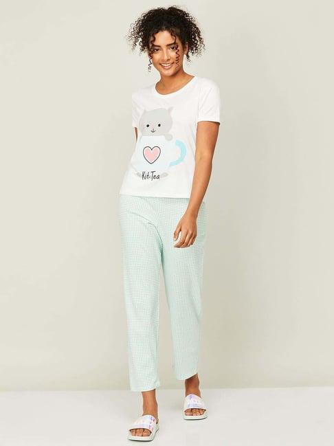 ginger by lifestyle white & blue cotton printed top pyjama set