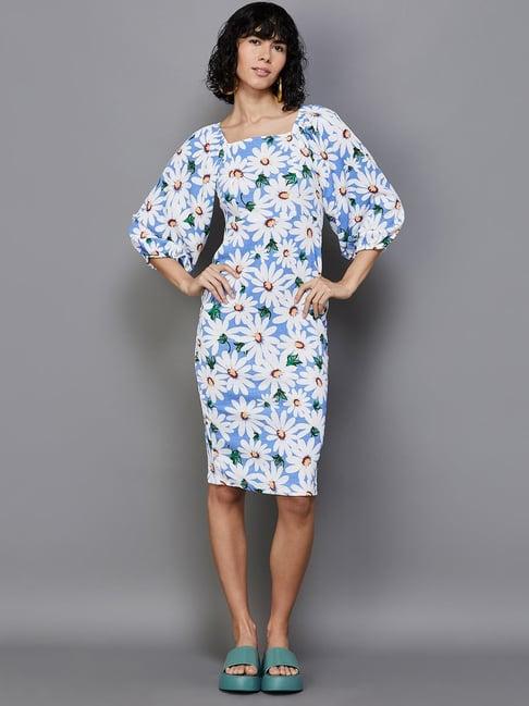 ginger by lifestyle white & blue floral print bodycon dress