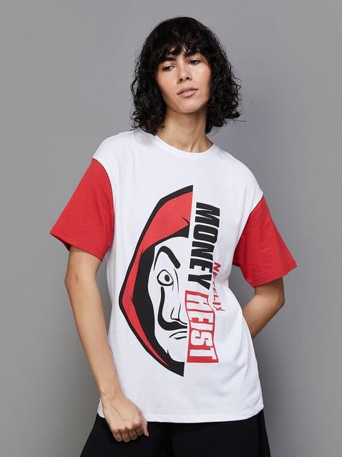 ginger by lifestyle white & red cotton printed t-shirt