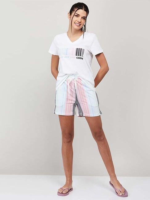 ginger by lifestyle white cotton printed t-shirt shorts set