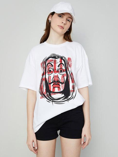ginger by lifestyle white cotton printed t-shirt