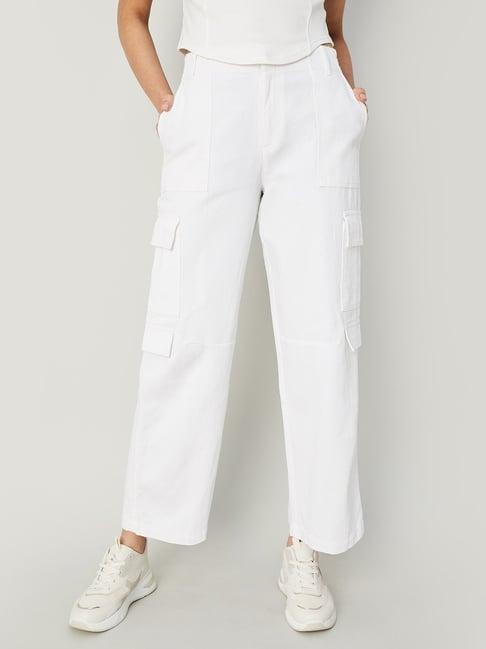 ginger by lifestyle white cotton relaxed fit mid rise trousers