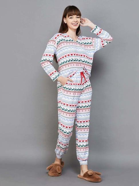 ginger by lifestyle white printed top pyjama set