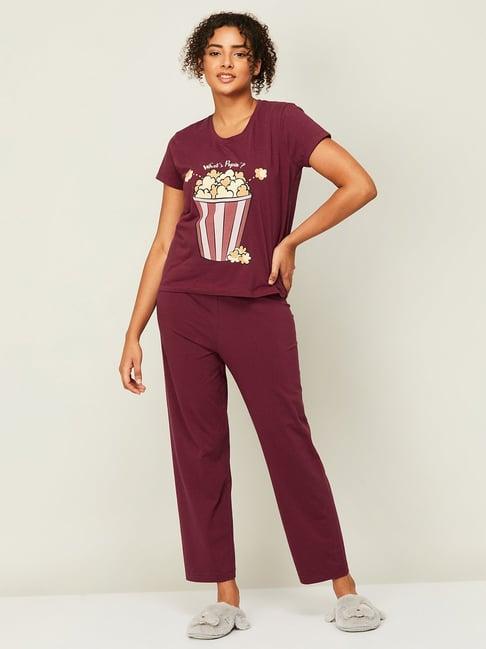 ginger by lifestyle wine cotton printed top and pyjama set