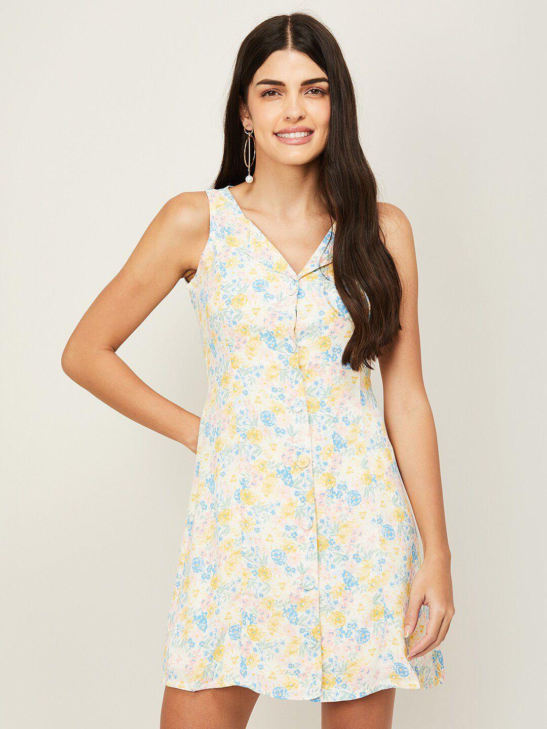 ginger by lifestyle women cream-coloured & yellow floral a-line dress