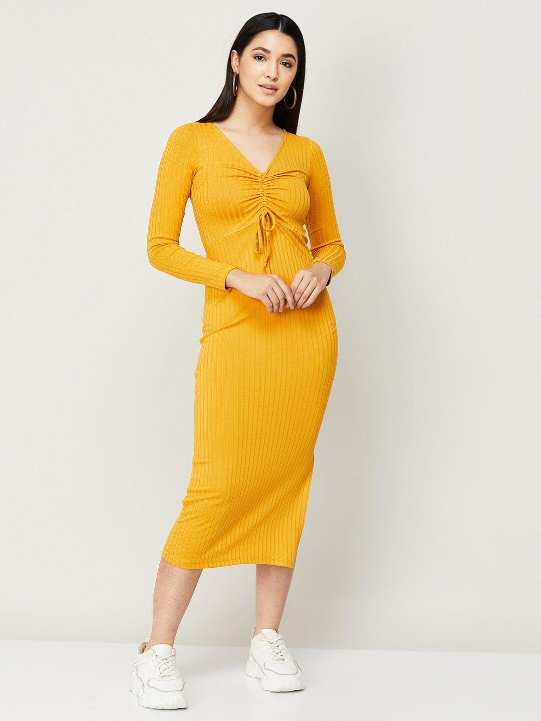 ginger by lifestyle women mustard yellow striped midi cotton dress