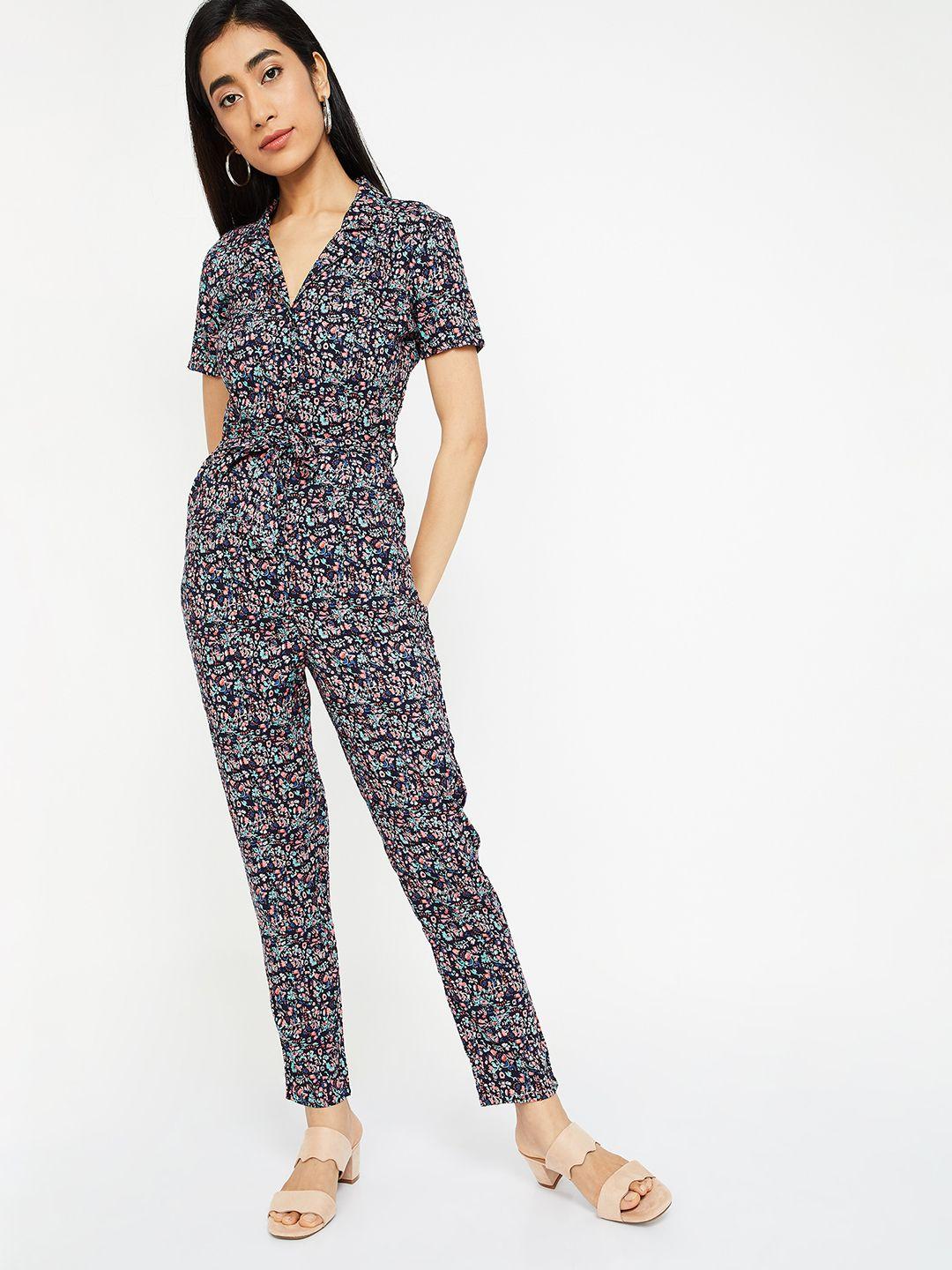 ginger by lifestyle women navy blue & pink printed basic jumpsuit