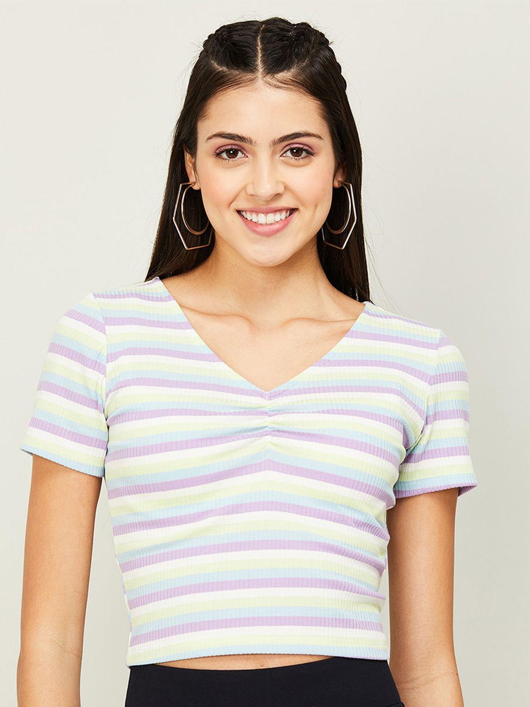 ginger by lifestyle women striped v-neck crop t-shirt