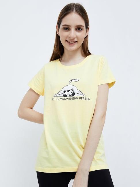ginger by lifestyle yellow cotton printed t-shirt